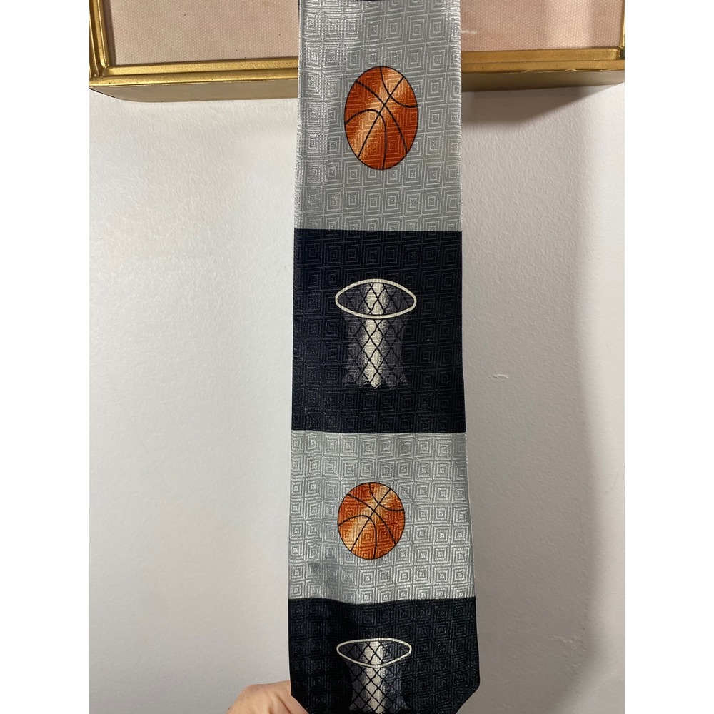 Designs By A. Rogers Mens Basketball Sports Theme Tie Black Silver Geometric